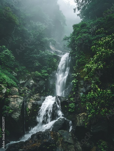 Lush tropical waterfall in misty forest