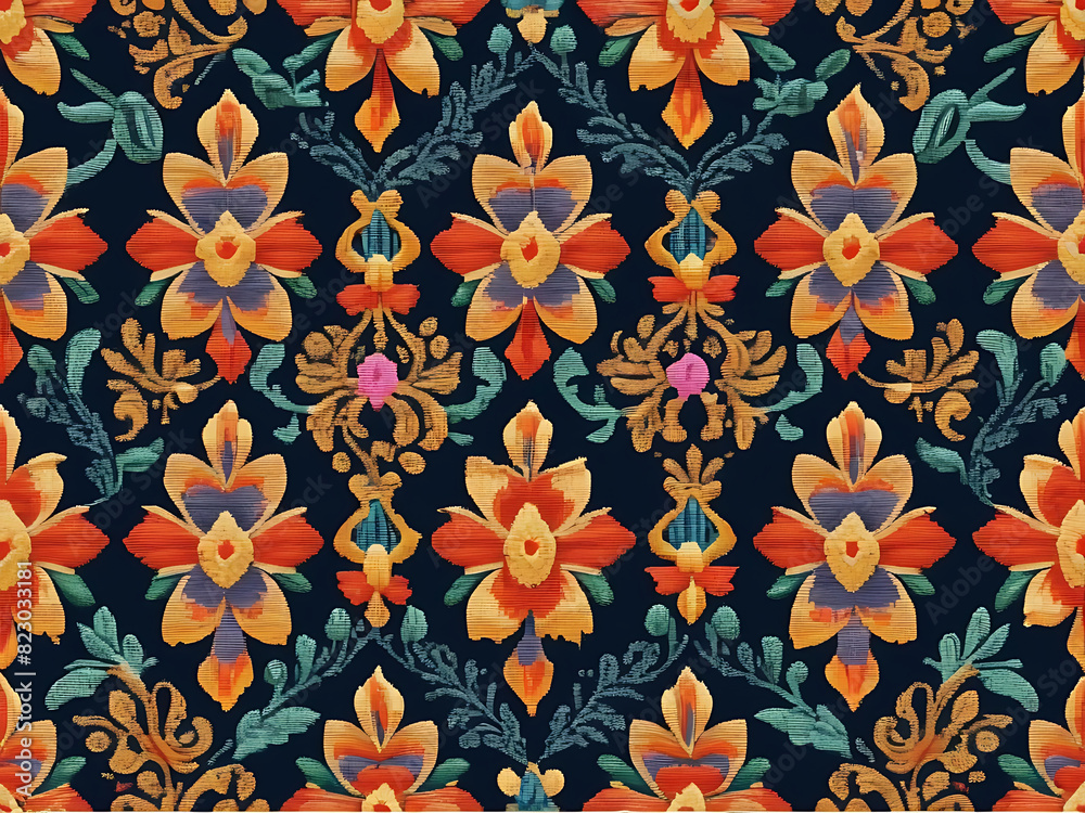 Seamless pattern of seamless pattern borders with beautiful floral textures in endless lines of linear flowers with repeating relationship shapes. in the black background Seamless pattern of seamless pattern borders with beautiful floral textures in endless lines of linear flowers with repeating relationship shapes. in the black background