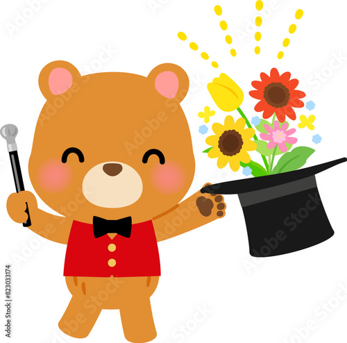 シルクハットから花を出すクマのマジシャン