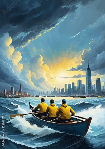a painting of two men in a row boat in the ocean