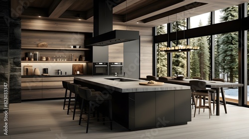 Modern kitchen interior with a view of a snowy forest through large windows  featuring a sleek design and luxurious finishes. 