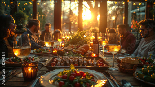 a slightly angled top-down shot from a slight side view of a moody lit dinner table for 6 people with a grillplate in the middle generative ai