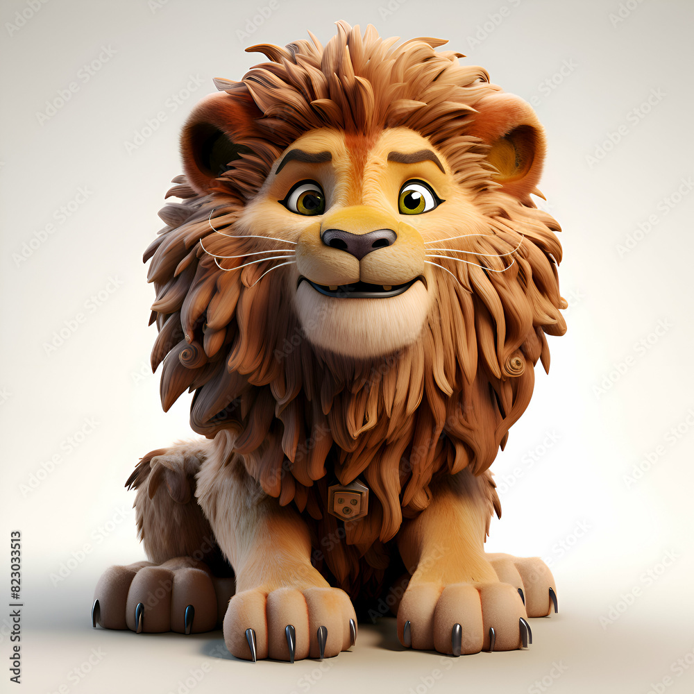 Cartoon lion sitting on a white background. 3D illustration.