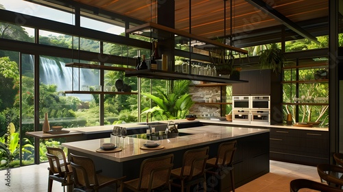 Modern kitchen interior design with large windows overlooking a tropical waterfall for an open and tranquil cooking space. 