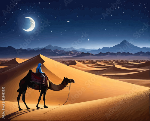 a painting of a man riding a camel in the desert