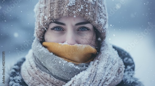 A person bundled up in winter clothing, shivering with visible breath in the cold air The background is a snowy landscape, emphasizing the very cold temperature photo