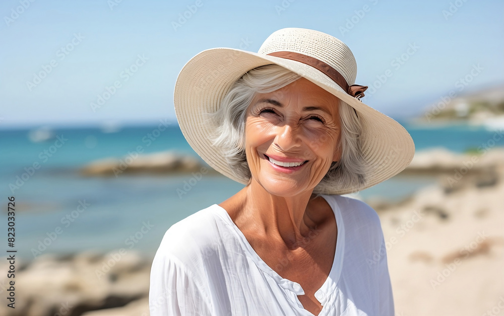 Portrait of woman on the beach. Portrait of beautiful smiling elderly woman in hat against the background of the sea