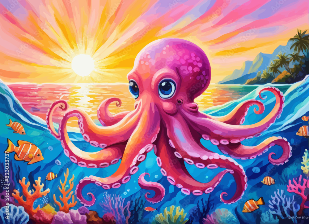 a painting of an octopus in the ocean