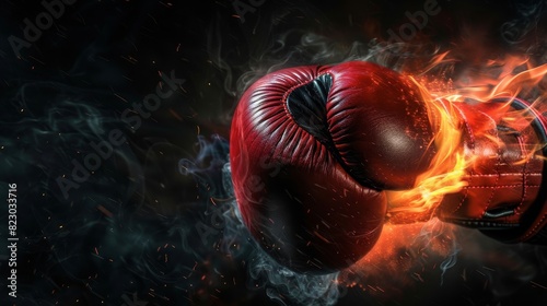Fiery boxing glove in smoke