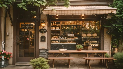 Storefront of a cozy bakery with a wooden bench in front on a charming street corner, A cozy bakery tucked away on a charming street corner photo