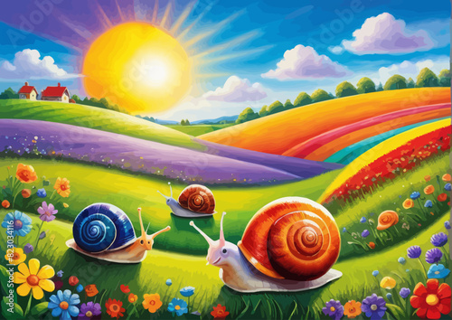 a painting of two snails in a field