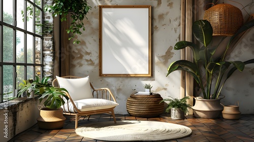 Natural light fills a cozy room featuring a blank poster frame with a modern armchair and indoor plants  creating an inviting space for art and relaxation. 