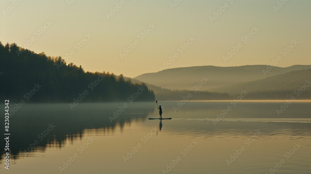 a person on a paddle board on a lake