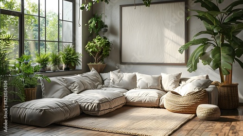 A cozy and natural styled living room interior features a comfortable cushioned floor seating area and large windows with lush green plants, exuding a peaceful ambiance.  photo