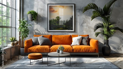 Contemporary living room with a vibrant orange sofa, large window, and green houseplants adding a touch of nature to the stylish interior design.  © Athena