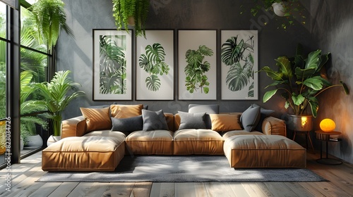 A modern living room interior with a plush sofa, an abundance of green plants, and framed botanical art prints on the wall. 