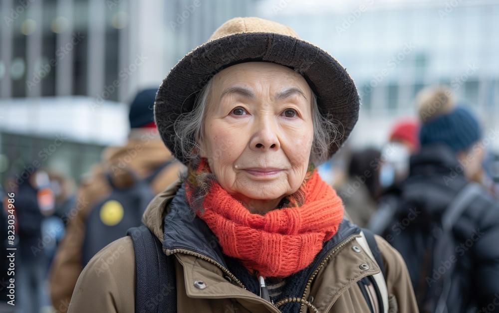 An elderly woman wearing a hat and scarf, walking in the streets of Tokyo, Japan An elderly woman wearing a hat and scarf, walking in the streets of Tokyo, Japan