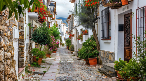 Beautiful narrow cobbled street in small cozy old town. Typical traditional white houses with blooming plants, flowers. Summer travel concept