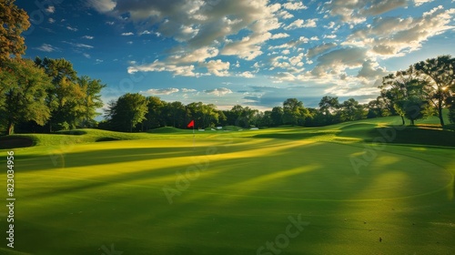 Scenic golf course with lush green fairway and cloudy sky