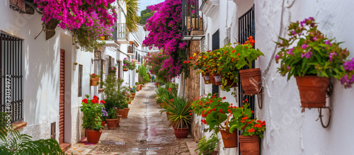 Narrow cobbled street in small cozy old town. Typical traditional houses with white walls, blooming colorful plants, flowers. Summer travel concept photo