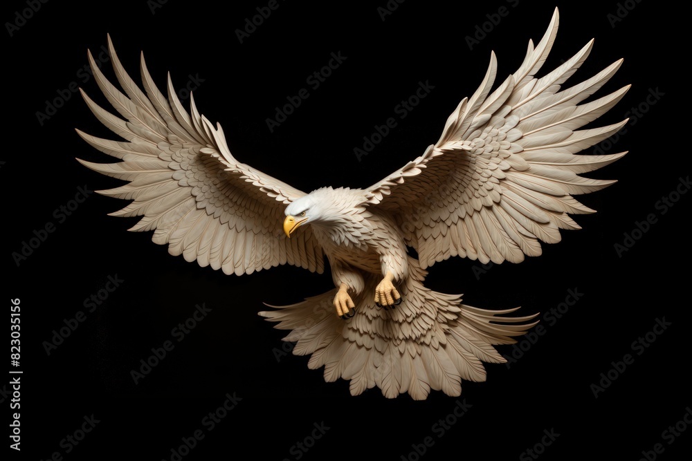 Carved wooden sculpture of a bald eagle in flight Carved wooden sculpture of a bald eagle in flight