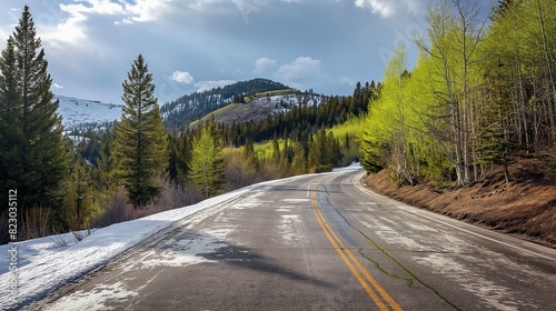 A mountain road during early spring  with patches of snow still visible and budding green trees lining the road. 32k  full ultra hd  high resolution