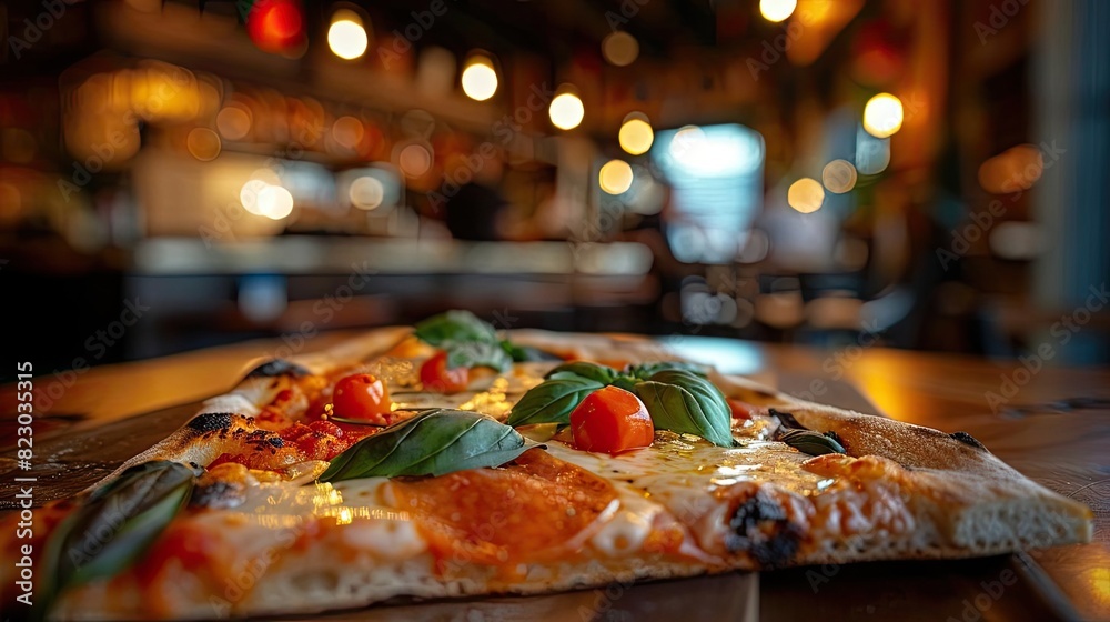 A delicious slice of pizza topped with fresh basil and cherry tomatoes in a cozy, warmly lit restaurant setting.