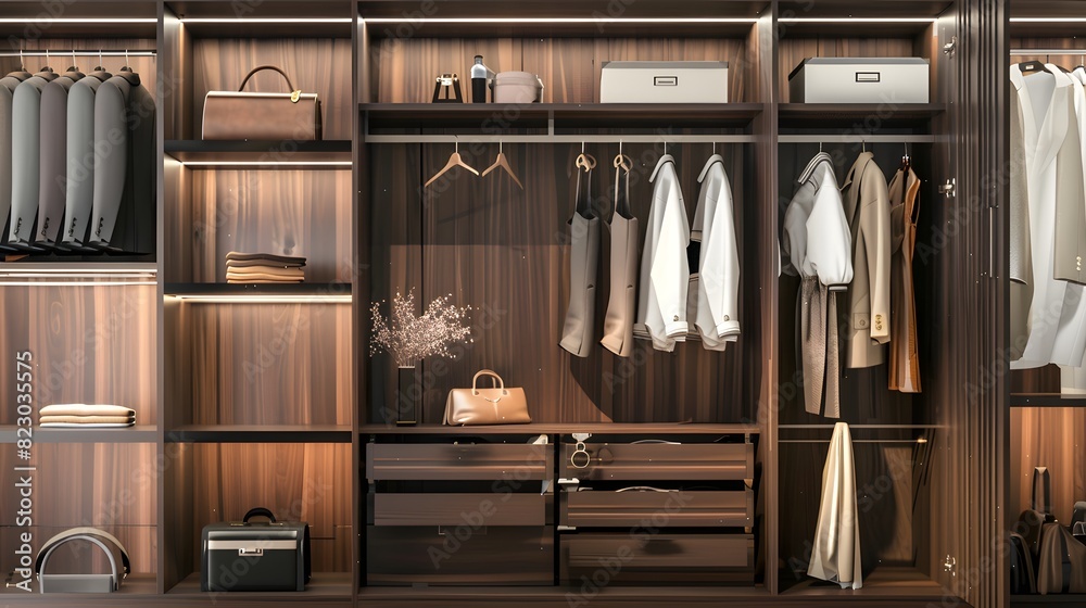 Elegant wooden walk-in closet interior with organized storage spaces and designer clothing neatly displayed 