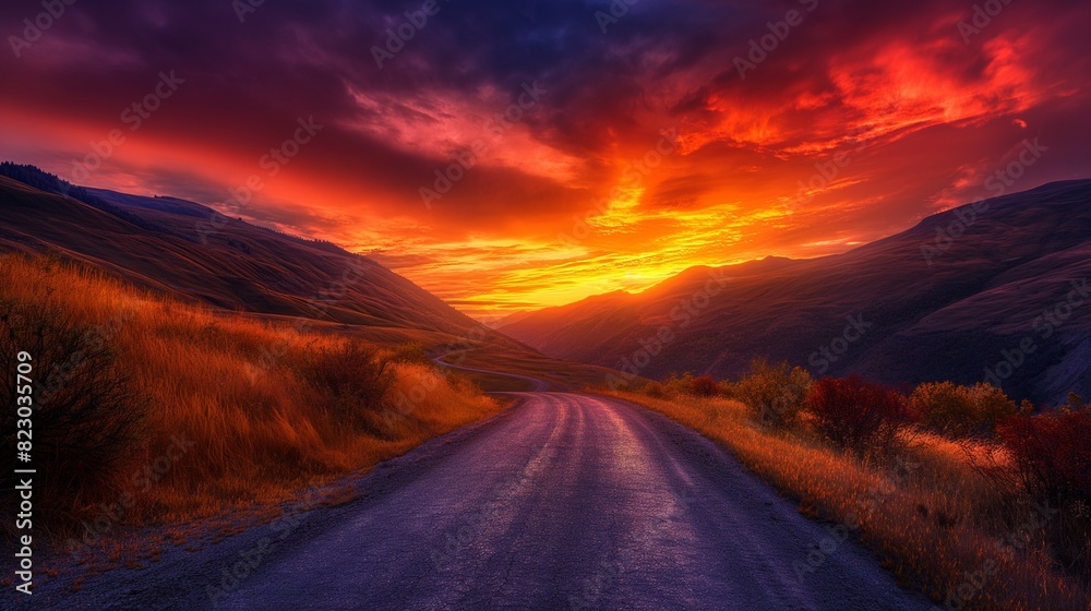 A mountain road during a vibrant sunset, with the sky painted in shades of orange, red, and purple, and the road bathed in warm light. 32k, full ultra hd, high resolution