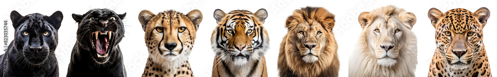 Set of 5 Panthera wild cats family, Panther, cheetah, jaguar, lion, tiger, portrait head shot isolated on transparent background cutout, PNG file