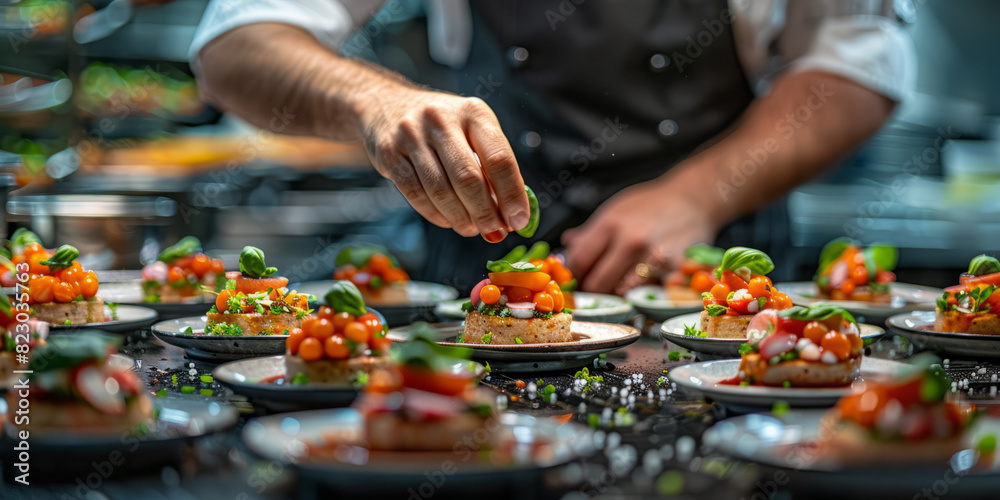 A chef garnishes gourmet dishes in a dimly lit kitchen, highlighting the artistry and precision of fine dining generatrive ai A chef garnishes gourmet dishes in a dimly lit kitchen, highlighting the artistry and precision of fine dining generatrive ai