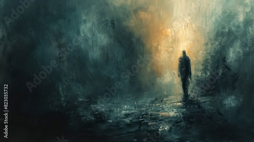 Abstract art depicting a haunted figure, dark tones with eerie lighting, great for a creative space or horrorthemed room, capturing a sense of mystery, fear, and the supernatural © DigiMingle 