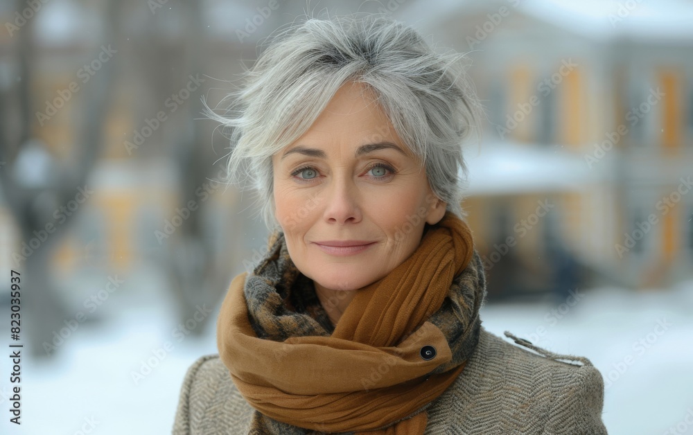 An elderly woman with gray hair wearing a brown scarf in an urban setting An elderly woman with gray hair wearing a brown scarf in an urban setting