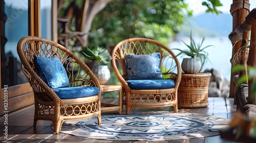 Cozy wicker chairs with blue cushions on a serene lakeside porch  inviting relaxation and peace with a scenic view. 