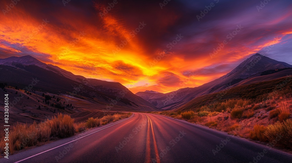 A mountain road during a vibrant sunset, with the sky painted in shades of orange, red, and purple, and the road bathed in warm light. 32k, full ultra hd, high resolution