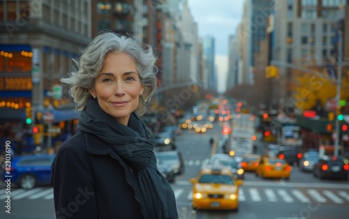 An elderly woman with gray hair is standing in the middle of a busy city street surrounded by traffic and bustling crowds