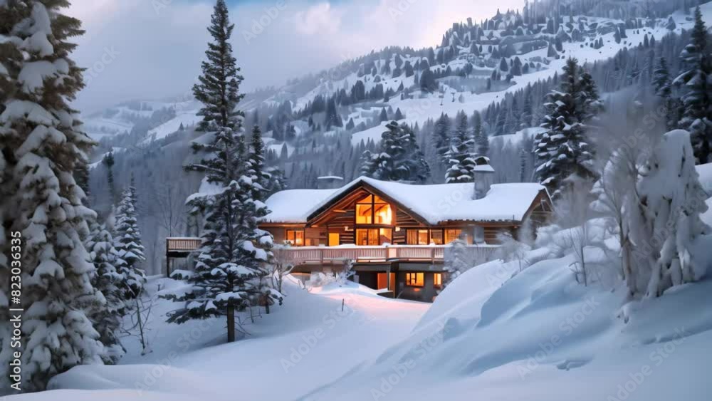 A cabin surrounded by snow in the mountains, A cozy cabin nestled in snowy mountains, the perfect spot for a family ski trip A cabin surrounded by snow in the mountains, A cozy cabin nestled in snowy mountains, the perfect spot for a family ski trip