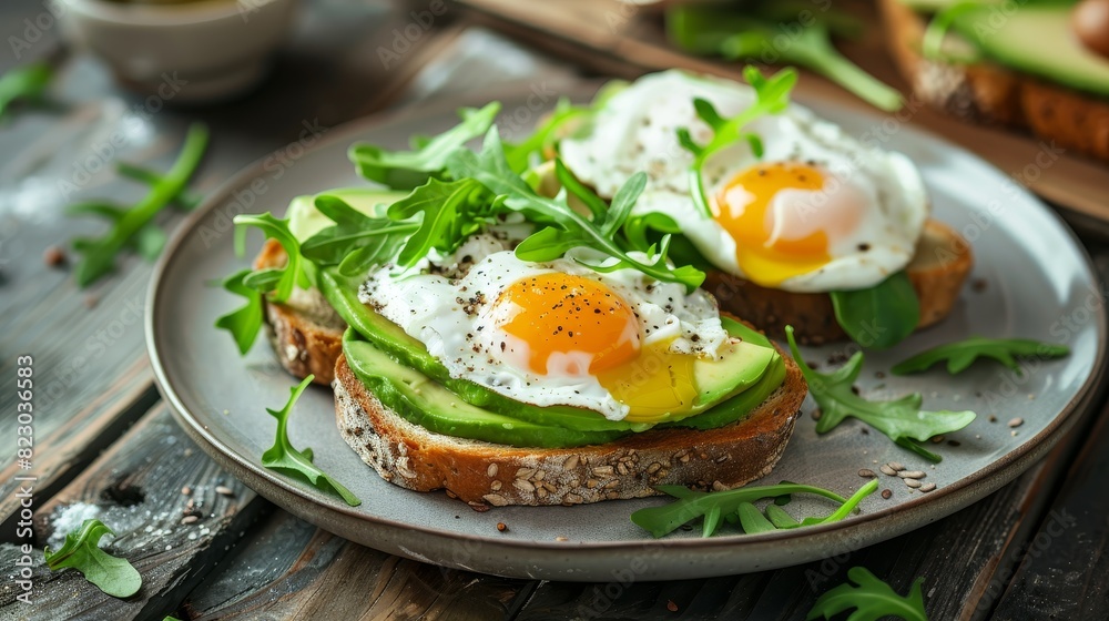 Healthy breakfast toast with fried eggs, avocado and greens Healthy breakfast toast with fried eggs, avocado and greens