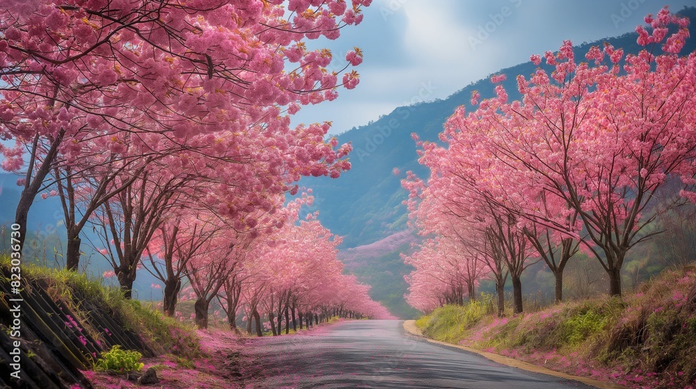 A mountain road lined with cherry blossoms in full bloom, creating a tunnel of pink flowers overhead. 32k, full ultra hd, high resolution
