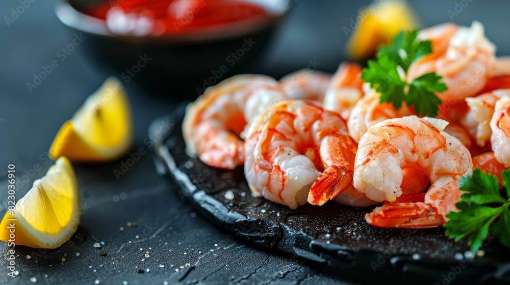 Delicious shrimp cocktail on a dark background