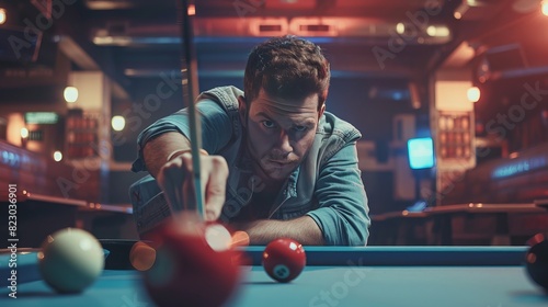 At the pool table, a man is playing billiards, carefully lining up his shot and aiming for the perfect break photo