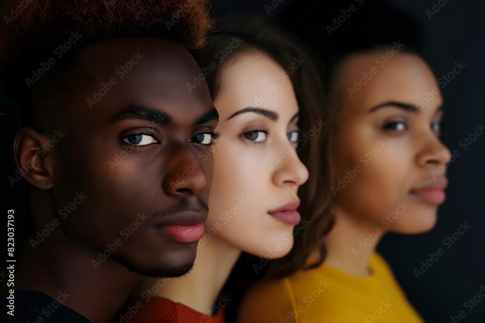 A photo of people with diverse backgrounds, aligned side by side and looking intently at the camera, set against a dark backdrop A photo of people with diverse backgrounds, aligned side by side and looking intently at the camera, set against a dark backdrop