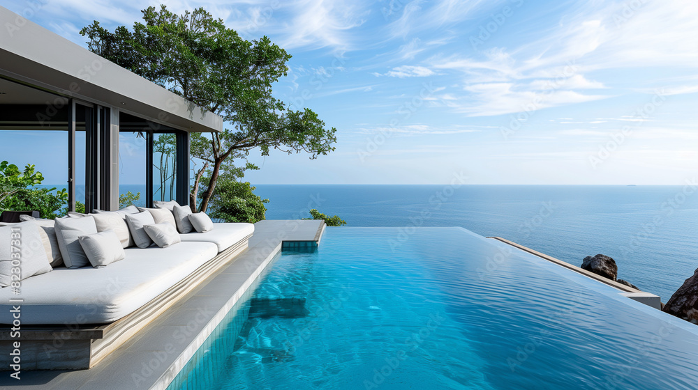 Fototapeta premium In a prestigious recreation center, located on a steep cliff, there is a large, sky-blue swimming pool oasis.