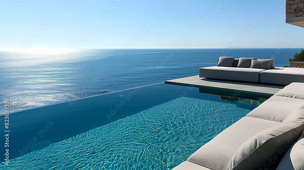 Obraz premium In a prestigious recreation center, located on a steep cliff, there is a large, sky-blue swimming pool oasis.