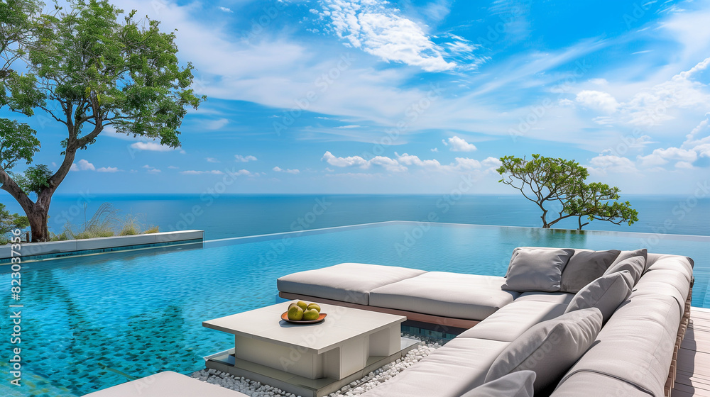 Fototapeta premium In a prestigious recreation center, located on a steep cliff, there is a large, sky-blue swimming pool oasis.