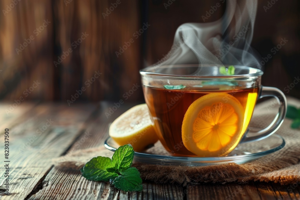 Steaming hot tea with lemon slice and mint leaves Steaming hot tea with lemon slice and mint leaves