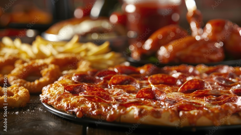 A close-up of a delicious spread featuring a pepperoni pizza, fried onion rings, crispy fries, and saucy chicken wings on a wooden table. A close-up of a delicious spread featuring a pepperoni pizza, fried onion rings, crispy fries, and saucy chicken wings on a wooden table.
