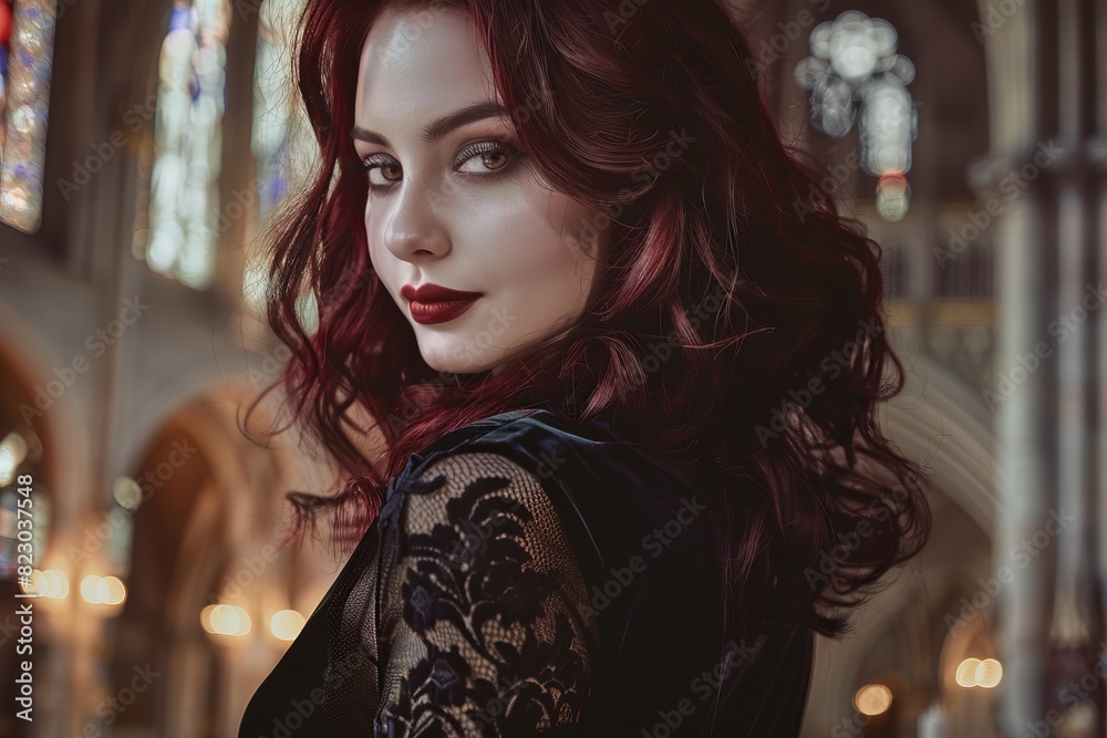 Mysterious woman with red hair and bold makeup