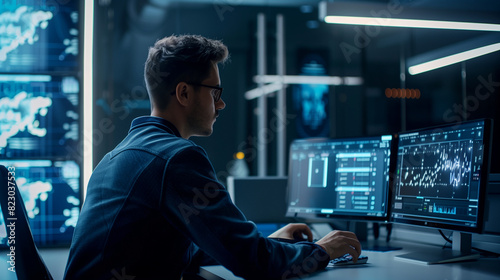 A man sits at a modern desk in an office, focused on a computer screen on which a modern program supported by artificial intelligence is open.