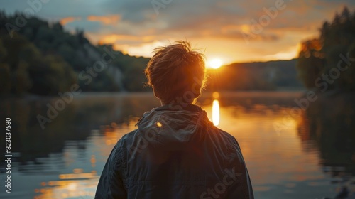 Back Silhouette of a person facing away, looking at a sunset over a lake close up, focus on the persons outline contemplation ethereal, Silhouette, lakeside